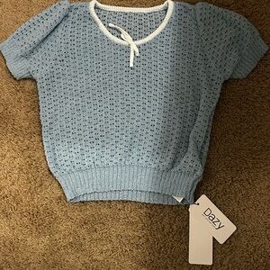 Blue Knit Semi-sheer Fishnet Knit Top